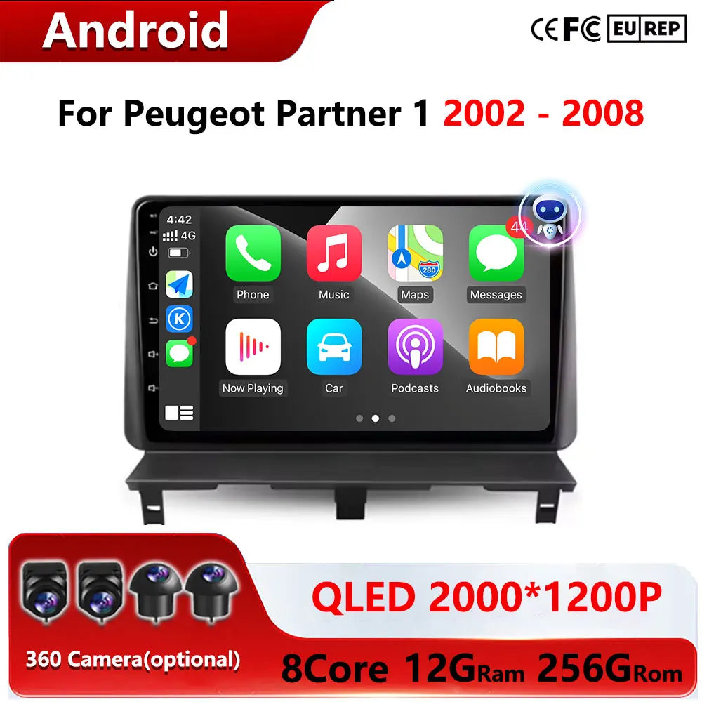 Car Stereo with Apple CarPlay & Android Auto, Compatible with Peugeot Partner 1 (2002-2008)