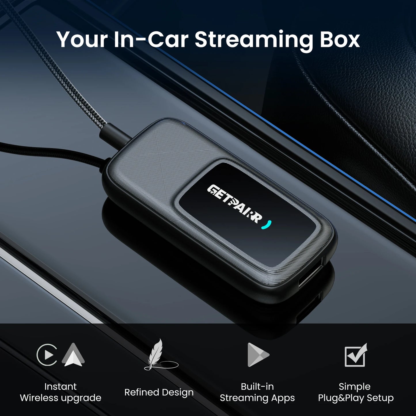 Getpairr Play2Video Ultra Ai Box Wireless CarPlay Android Auto Adapter Built in Youtube Netflix IPTV for Car with Wired Carplay