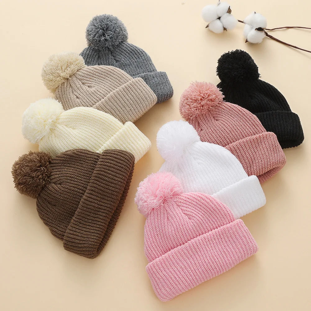 Infant Pom Pom Knit Beanie - Folded Cuff Baby Hat 0-12 Months