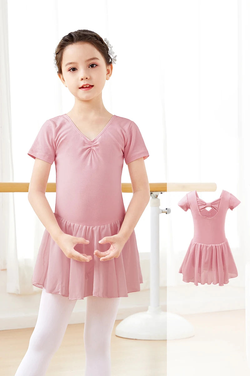 Girl Ballet Leotard with Chiffon Tulle Skirt Kids Bowknot Lyrical Dance Dress Short/Long Sleeve Bodysuit Back Bow Tie Dance Wear