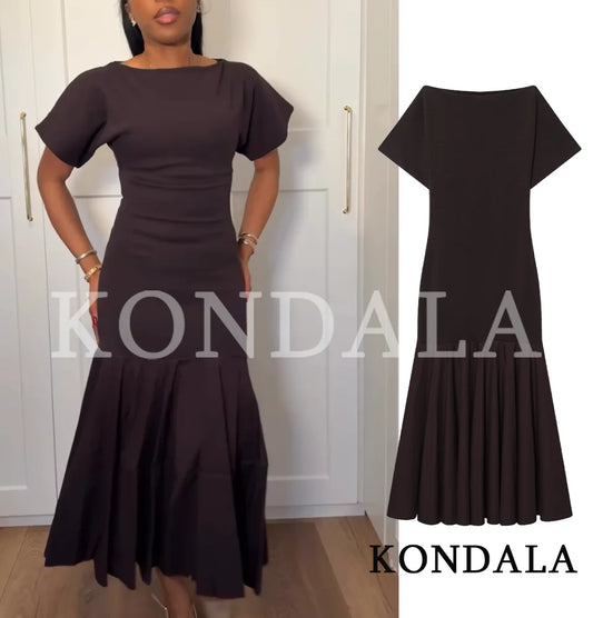 KONDALA Women's Vintage Boat Collar Pleated Slim Dress – Elegant Casual Splicing Maxi Dress 2026