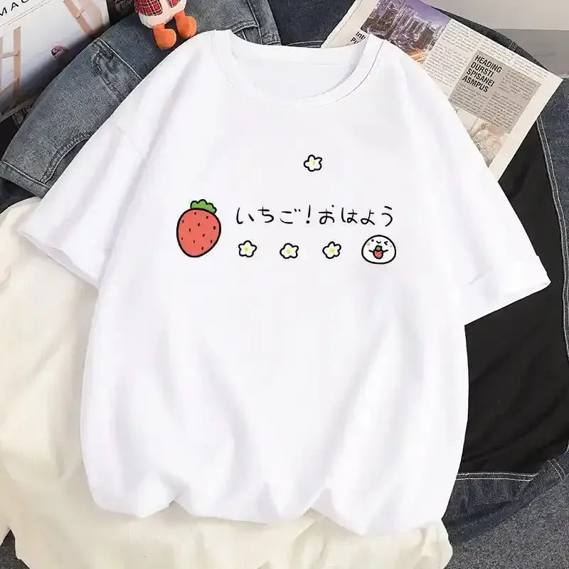 2026 Strawberry Girl Short Sleeved T Shirt Summer Women White Loose T-shirts Harajuku Kawaii Female Tops Y2k Clothes