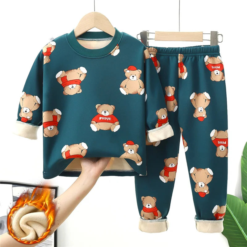 Kids Plush Lined Pajama Set - Printed Pullover and Pants, 1-14 Years