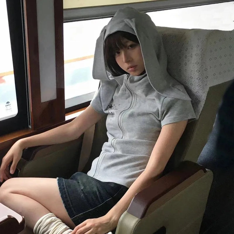 Y2K Hooded Tee – Rabbit-Ear Zip Harajuku Short-Sleeve Top