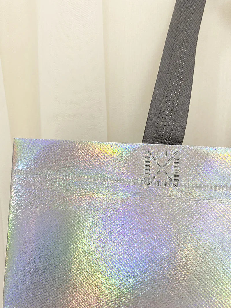 10Pcs Reusable Silver Laser Tote Bag Durable Non Woven Gift Shopping Bag for Wedding Bridesmaid Party Birthday Eco Friendly