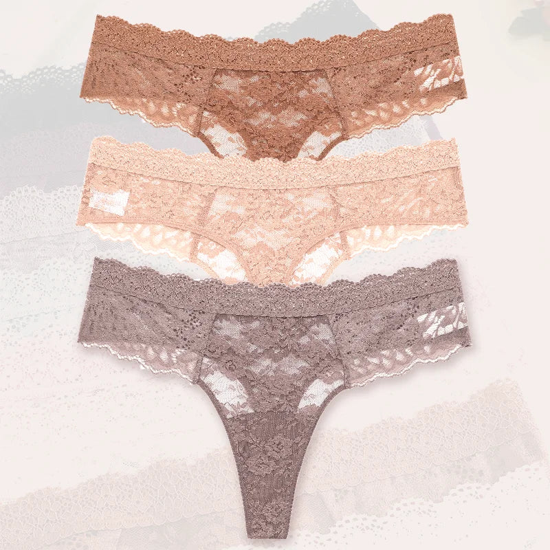 3-Pack Floral Lace Thongs – Soft Low-Rise Seamless Panties
