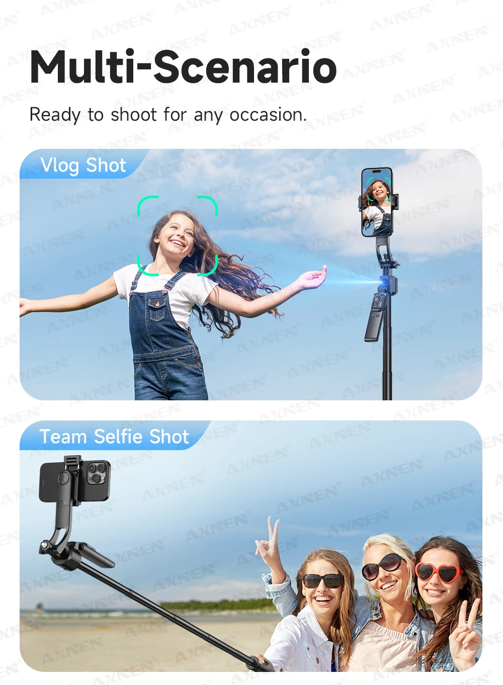 AXNEN C17 64" AI Face Tracking Selfie Stick Tripod – 360° Auto Rotation, Bluetooth Remote & Quadruped Stand