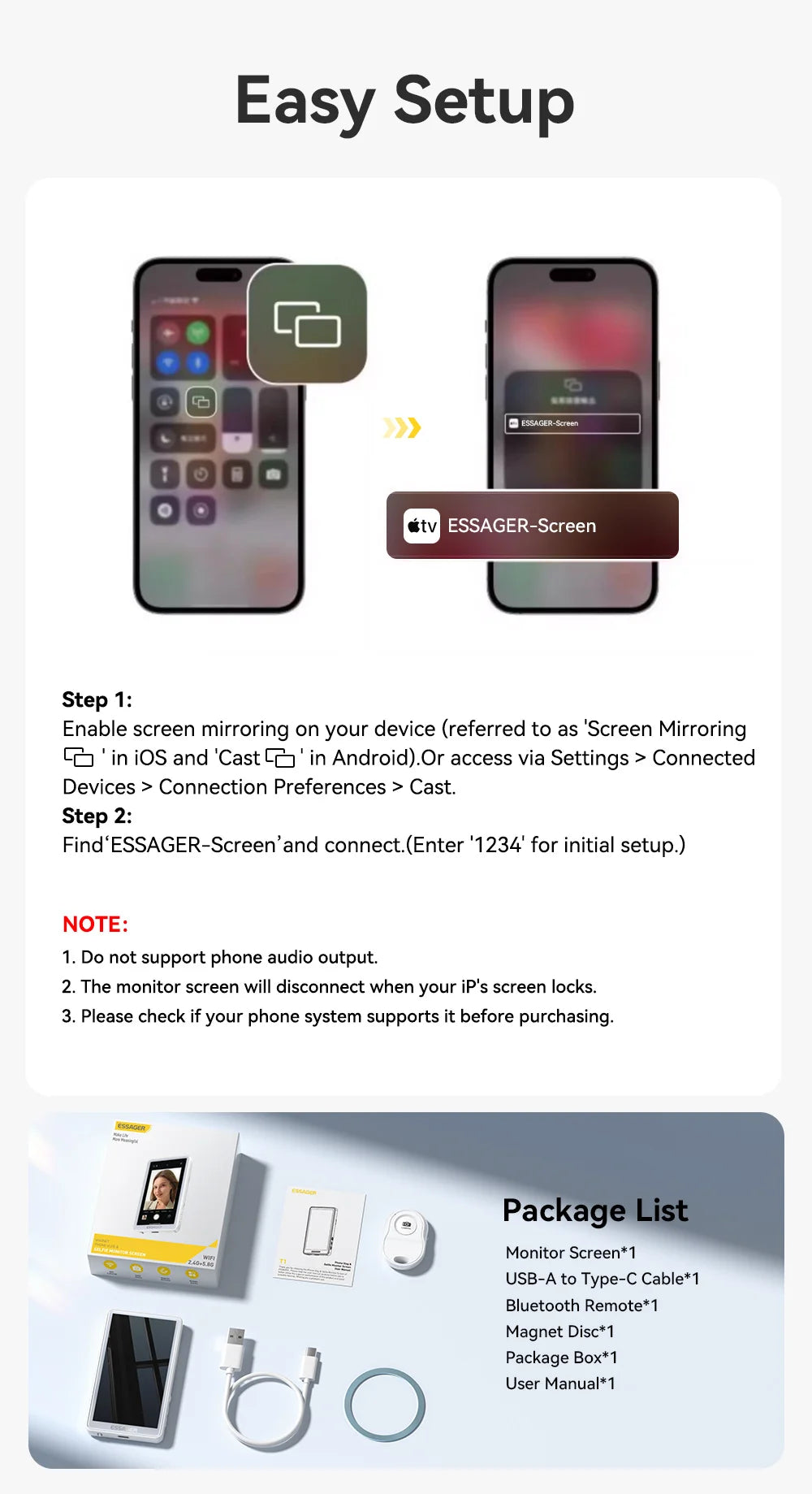 ESSAGER Magnetic Phone Selfie Monitor Screen for Smartphone Rear Camera Selfie Vlog Live Stream for iPhone Android phone