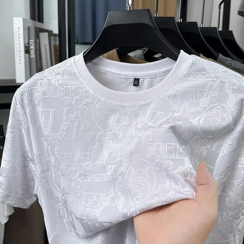 Men's Ice-Silk Mesh Tee - Jacquard Crew Neck, Slim Breathable