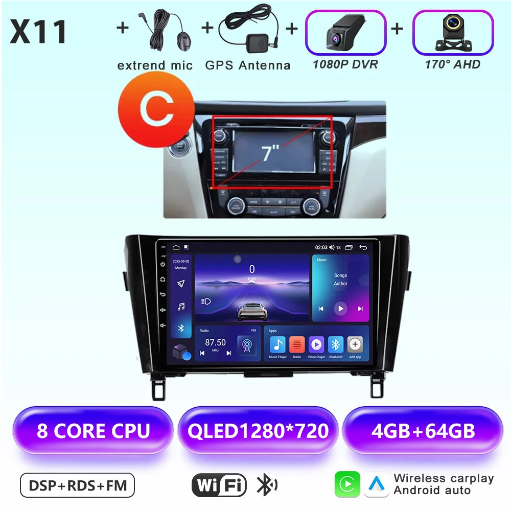 Wireless CarPlay Android Auto Car Radio for Nissan Qashqai J11 X-Trail 3 2013-2017 avigation GPS Car Radio Multimedia Video Play