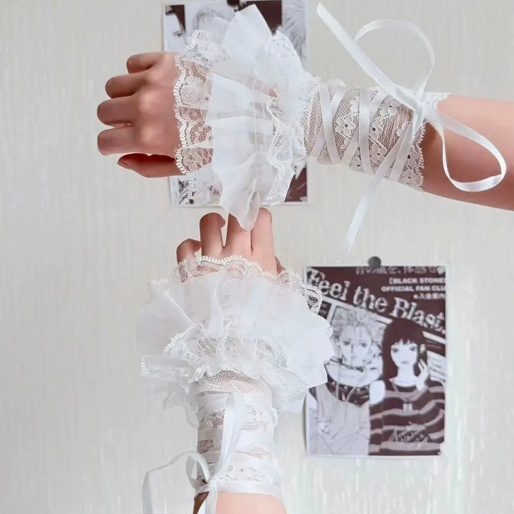 1 Pair Women Lolita Jk Lace Fingerless Gloves Black Gothic Fake Sleeves Trendy Elastic Long Lace Arm Sleeves Clothes Decoration