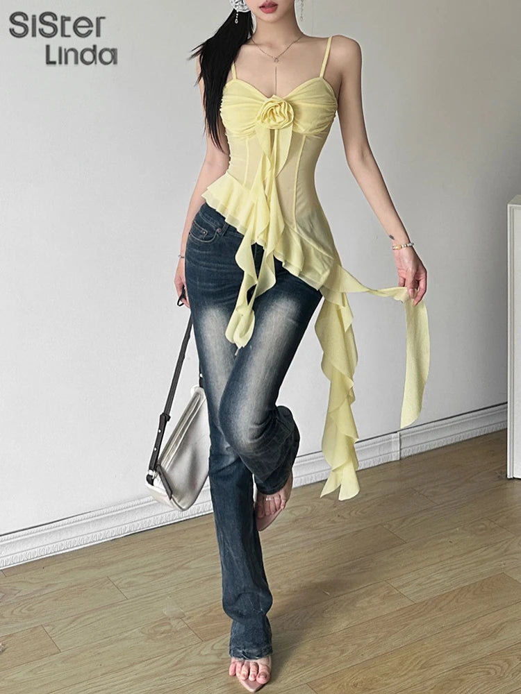 High Quality Women's Sexy Suspender Top Popular In Spring And Summer 2026 Low Cut Backless Yellow Flower Decorated Women's Top