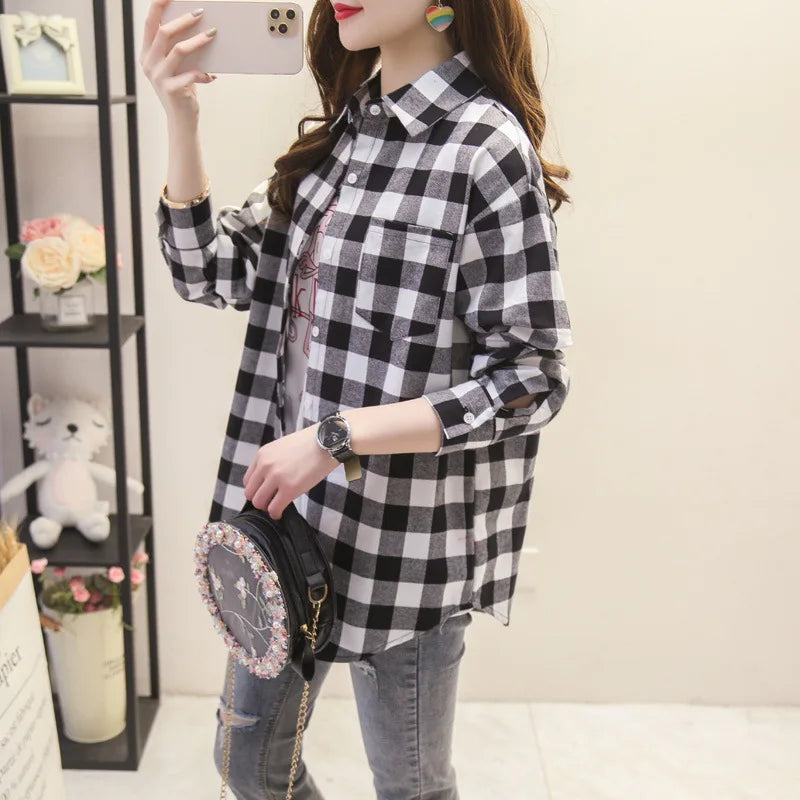 Women's Plaid Long Sleeve Shirt - Loose Casual Button-Up Blouse - photo 25
