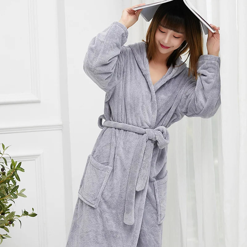 Women's Long Hooded Coral Fleece Bathrobe - Solid Plush Robe - photo 5