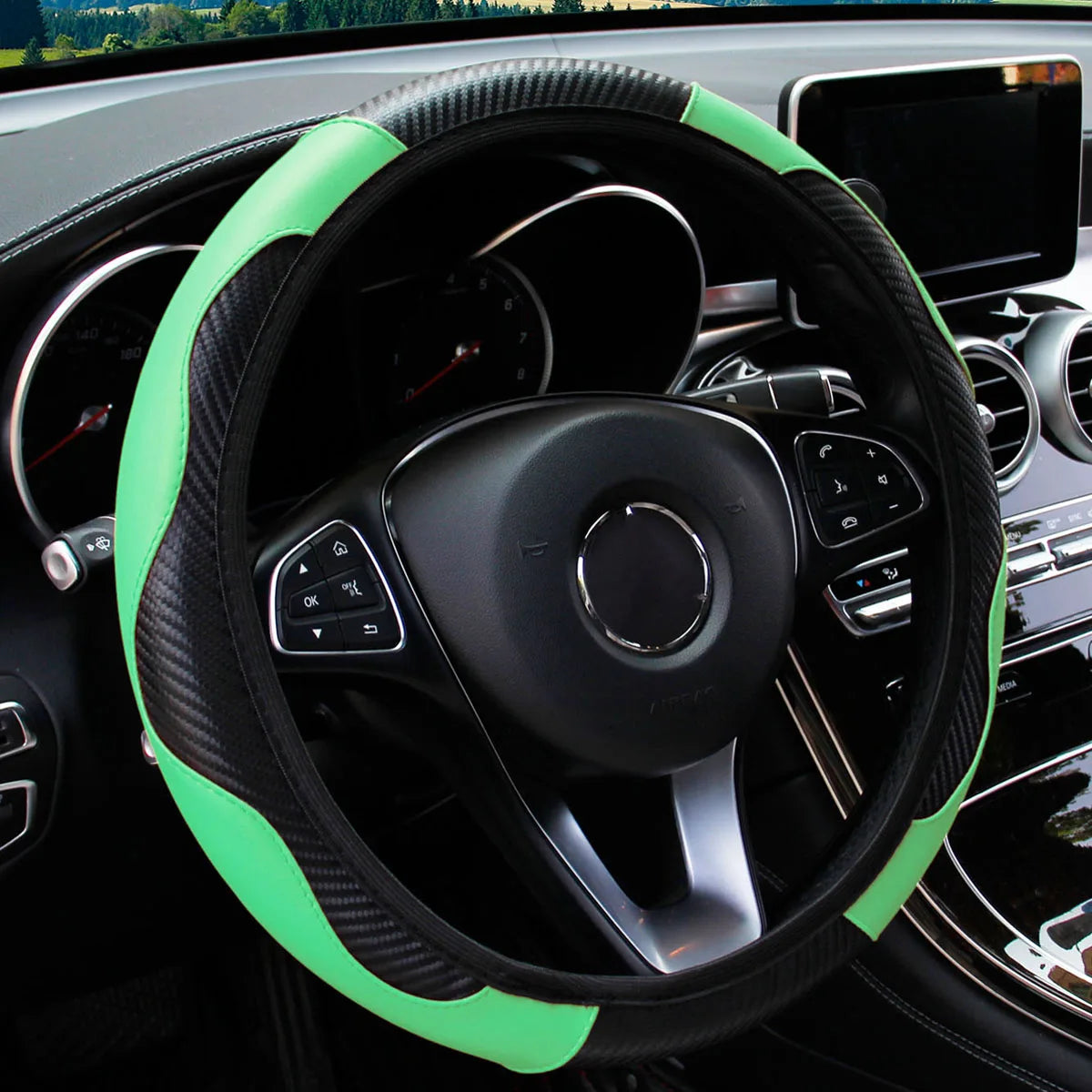 Carbon Fiber PU Leather Steering Wheel Cover – Universal Fit 14.5–15 Inch | Anti-Slip Car Interior Accessory
