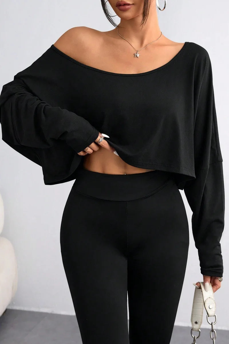 Spring 2026 Women's Loose Collar Base Fashion Crop T-Shirt Long Sleeve Casual Comfortable Line Neckline Solid Short Top