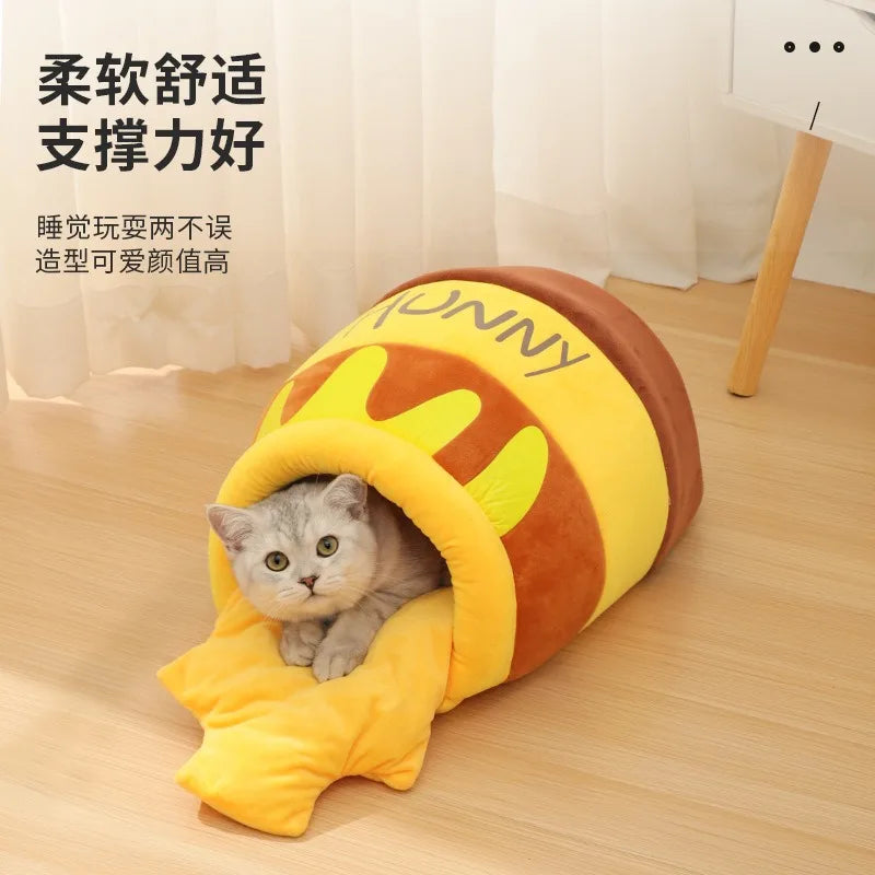 Cat Bed Warm Comfortable Kennel Nest Pet Cat Bed Soft Removable Cushion Nonslip Bottom Cartoon Washable House Honey Pot Cave