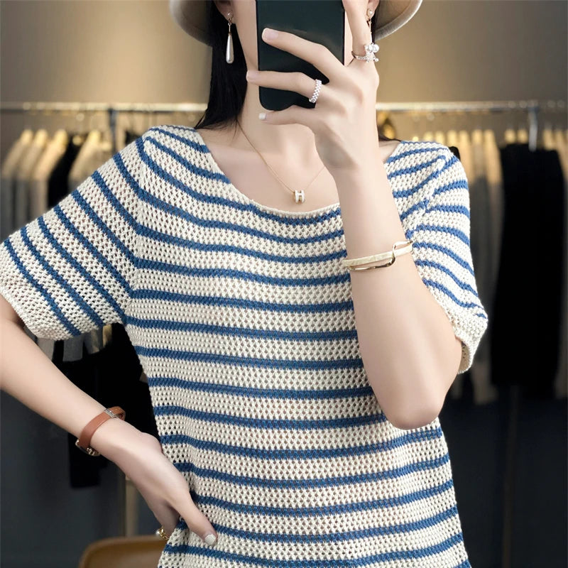 Pure Cotton Hollow Short-Sleeved Ladies Spring And Summer Loose Slim New Joker Knit Bottoming T-Shirt