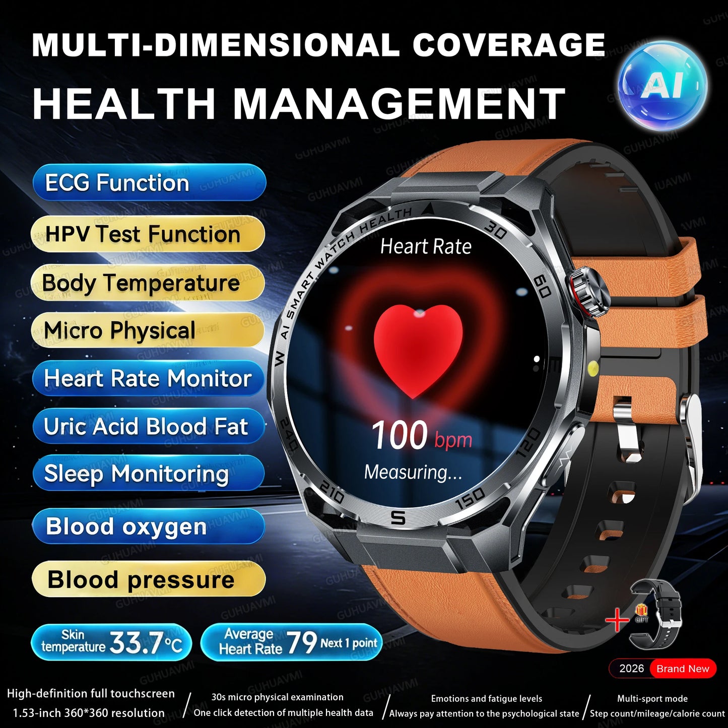 2026 New Body Fat AI Analysis Health Smart Watch ECG+PPG Uric Acid BP Blood Oxygen Call AMOLED Screen Smart Watch For Men Women