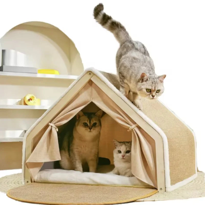 Cat Tent Villa Pet Bed Cozy Half-Enclosed Wooden Cat Bed All-Season Dual-Use Durable No Scraps Drop Cat House for Cats Kittens
