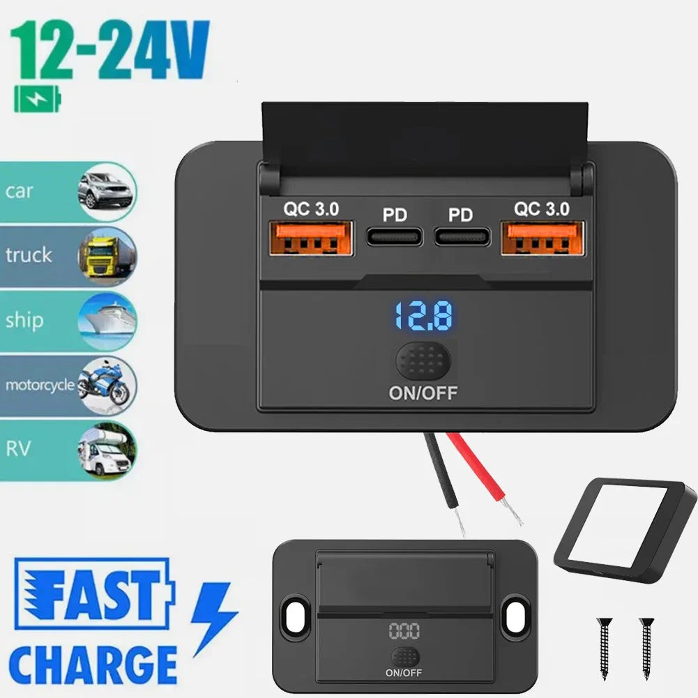 Car Charger Socket Adapter with Switch 2/4 Ports 12V 24V PD QC3.0 Charging Splitter Outlet for Bus RV ATV Truck Boat