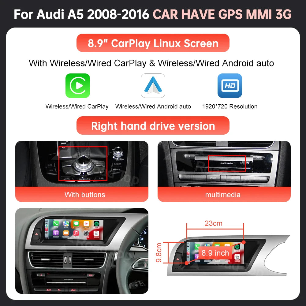 8.9'' 12.3" Car Multimedia Display Linux Screen For Audi A5 S5 2008-2016 With Wireless Carplay Android Auto Airplay Autolink