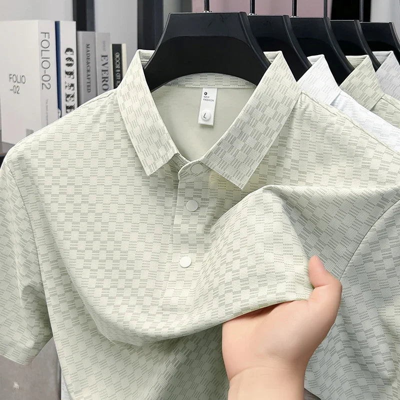 Men's Hollow-Grid Polo - Lapel Three-Button, Breathable Stretch