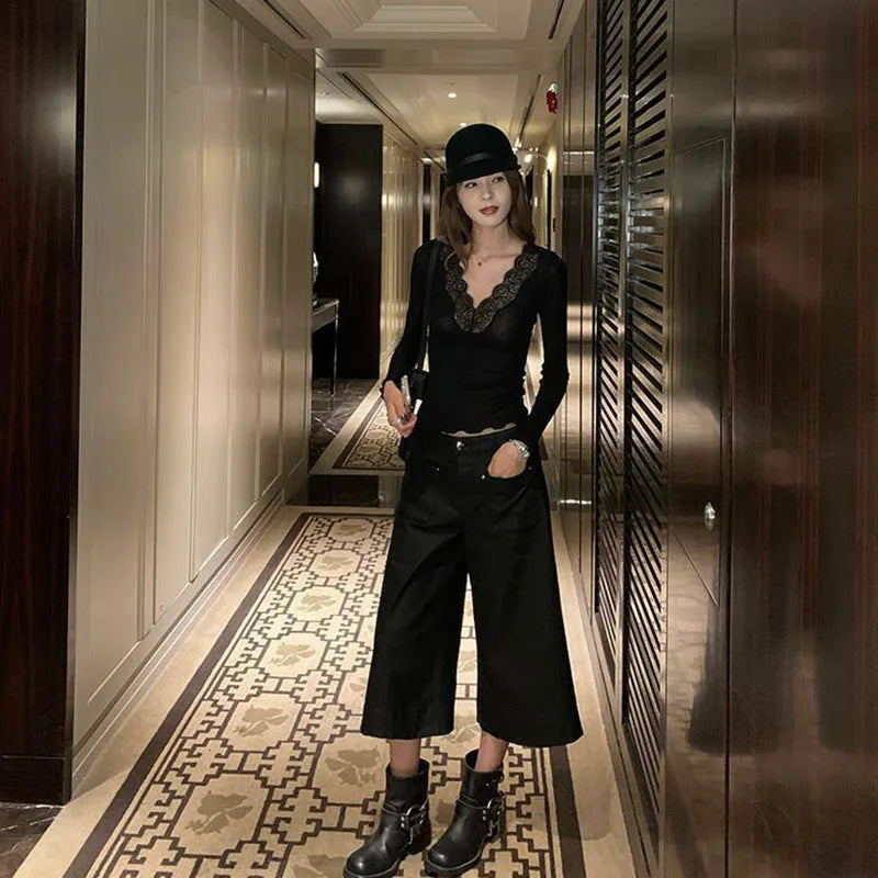 Sexy Low-Cut Lace Trim V-Neck T Shirts Women Spring New Skinny Elasticity Thin Ribbed Tees Korean Fashion Y2K Long Sleeve Tops