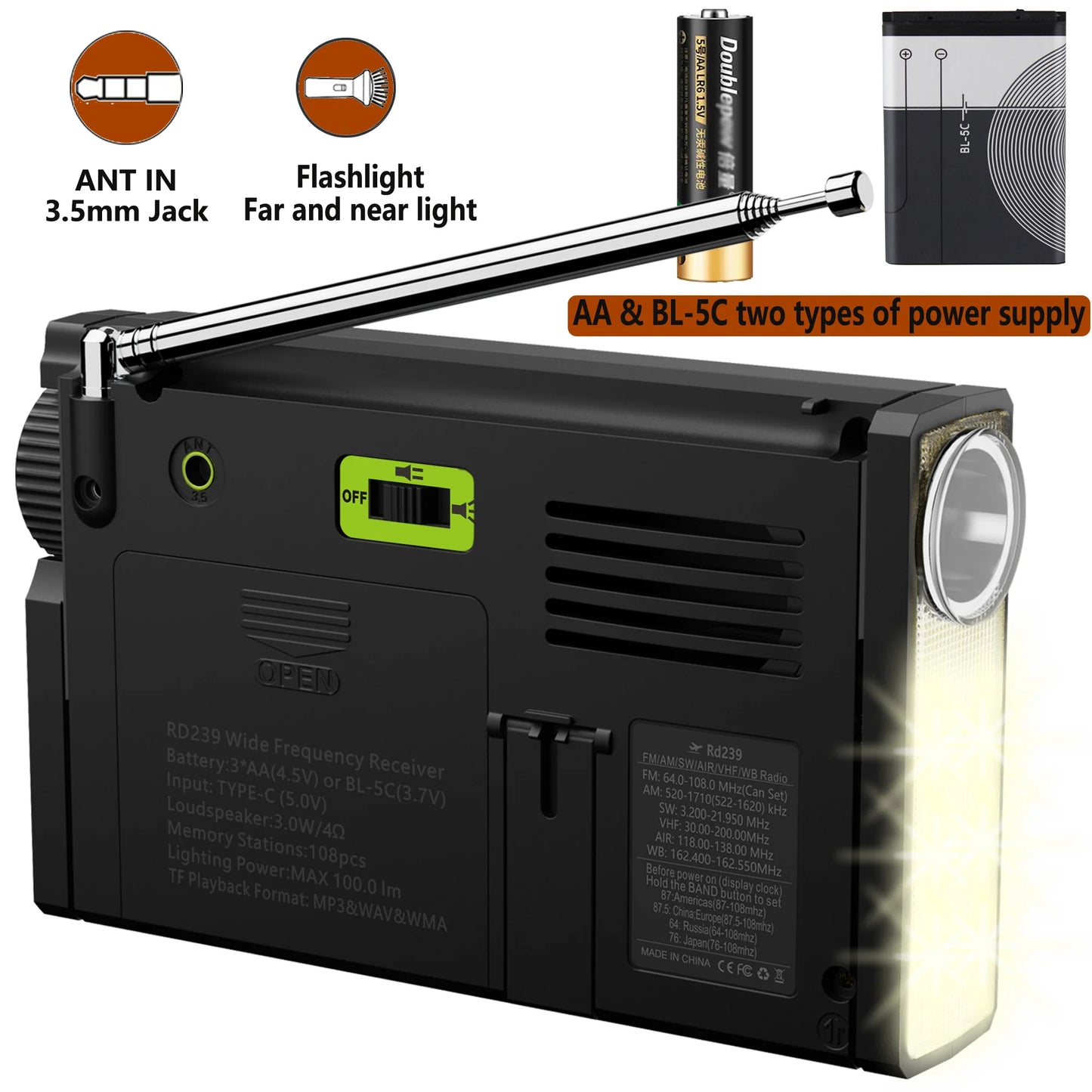 rd239 Aircraft Radio AIR/VHF/AM/FM/SW/Weather Bands Transistor with Bluetooth/TF Card/Flashlight,MP3 Player, Digital Record,