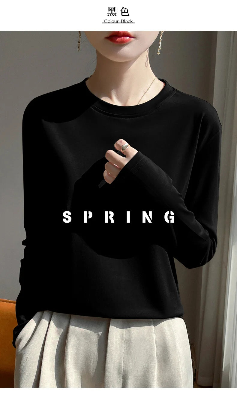 Spring And Summer New Mercerized Cotton Long Sleeve T-shirt Women's Round Neck Loose 100% Cotton Bottoming T-shirt