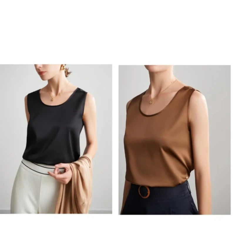 Summer Satin Mulberry Silk Tank Top Casual Versatile Champagne Tops Woman 2026 New Fashion Elegant Vest Loose Sleeveless T-shirt