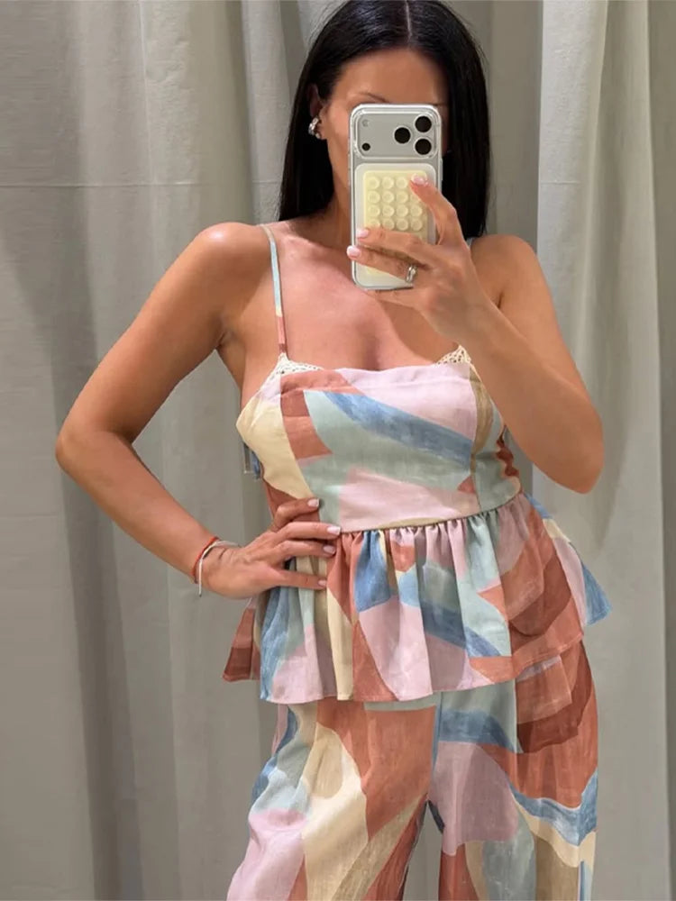 Pastel Cami & Wide-Leg Pants Set — Ruffle 2-Piece Outfit