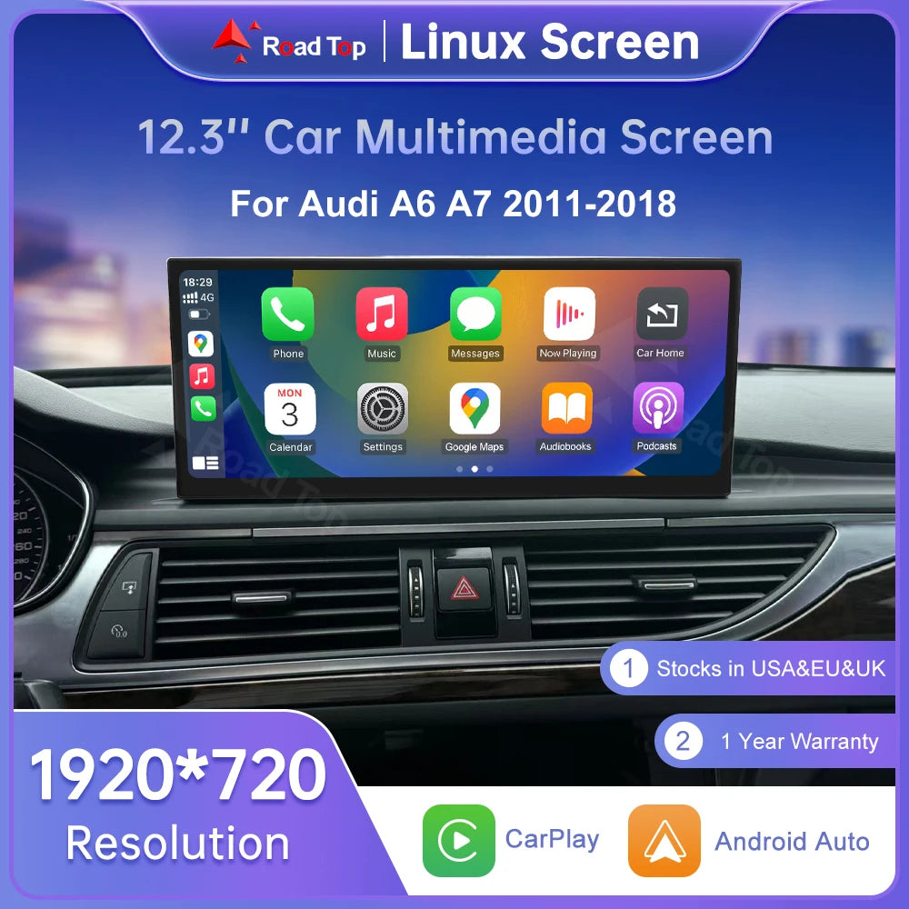 Road Top 12.3" Linux Screen For Audi A6 C6 A7 C7 2026-2026 with Wireless CarPlay Android Auto Airplay Car Radio Player