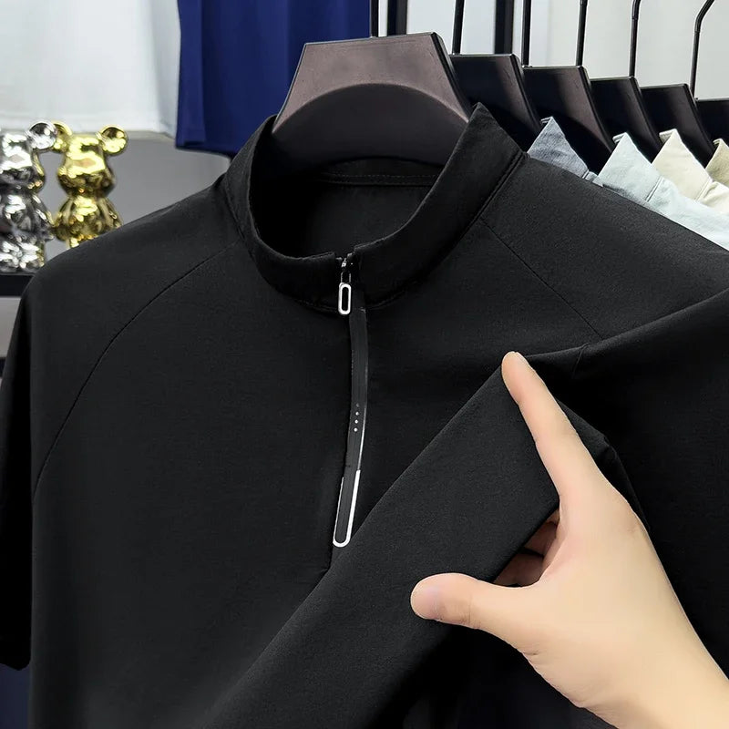Men's Half-Zip Stand Collar Tee - Raglan Cut, Wrinkle-Free