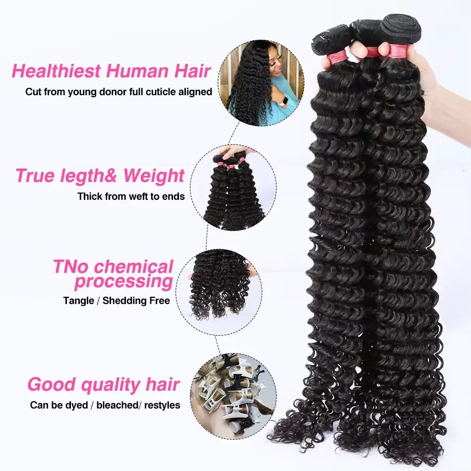 PD 30 32 36 40 Inch Deep Wave Human Hair Bundles Brazilian Remy Unprocessed Weaving Curly Hair Bundles 1 2 3 4 Extensions Deals