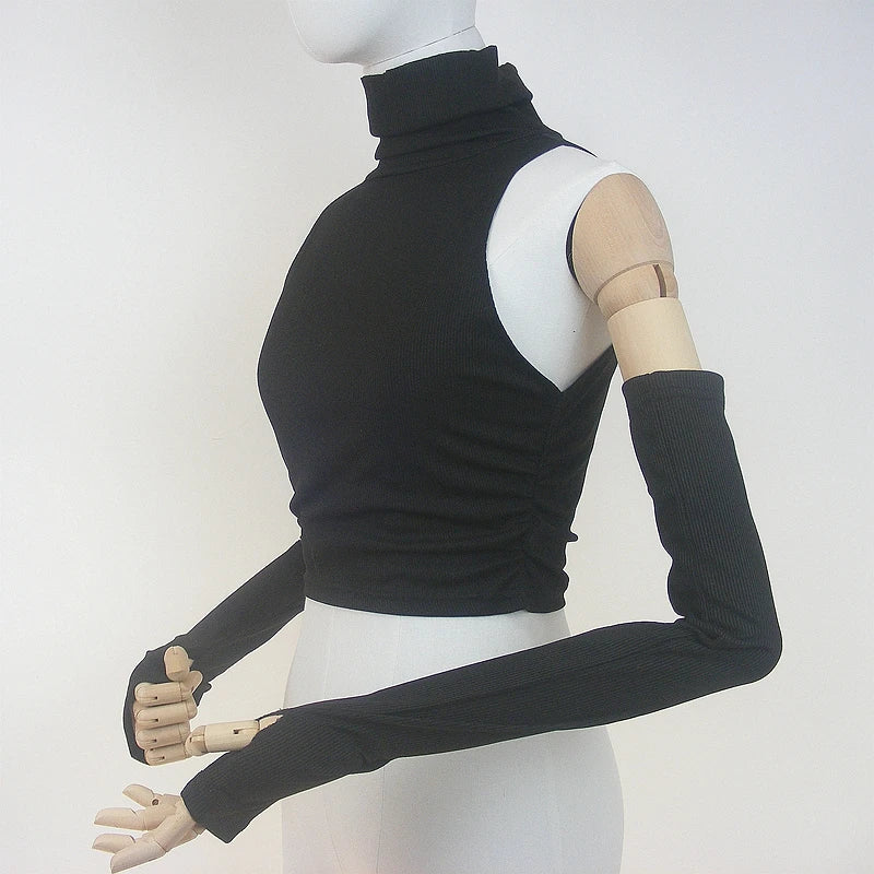 Woman Clothes Fall 2026 Tank Top Sleeve Cover Sleevless Side Pleats Turtleneck T-shirt  Sexy Ribbed Knitted Tops Y2k 2529