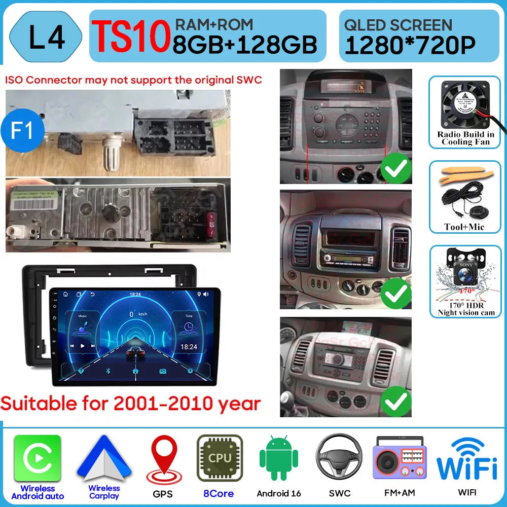 Car Stereo with Apple CarPlay & Android Auto, Compatible with Renault Trafic 2, Opel Vivaro A & Nissan Primastar