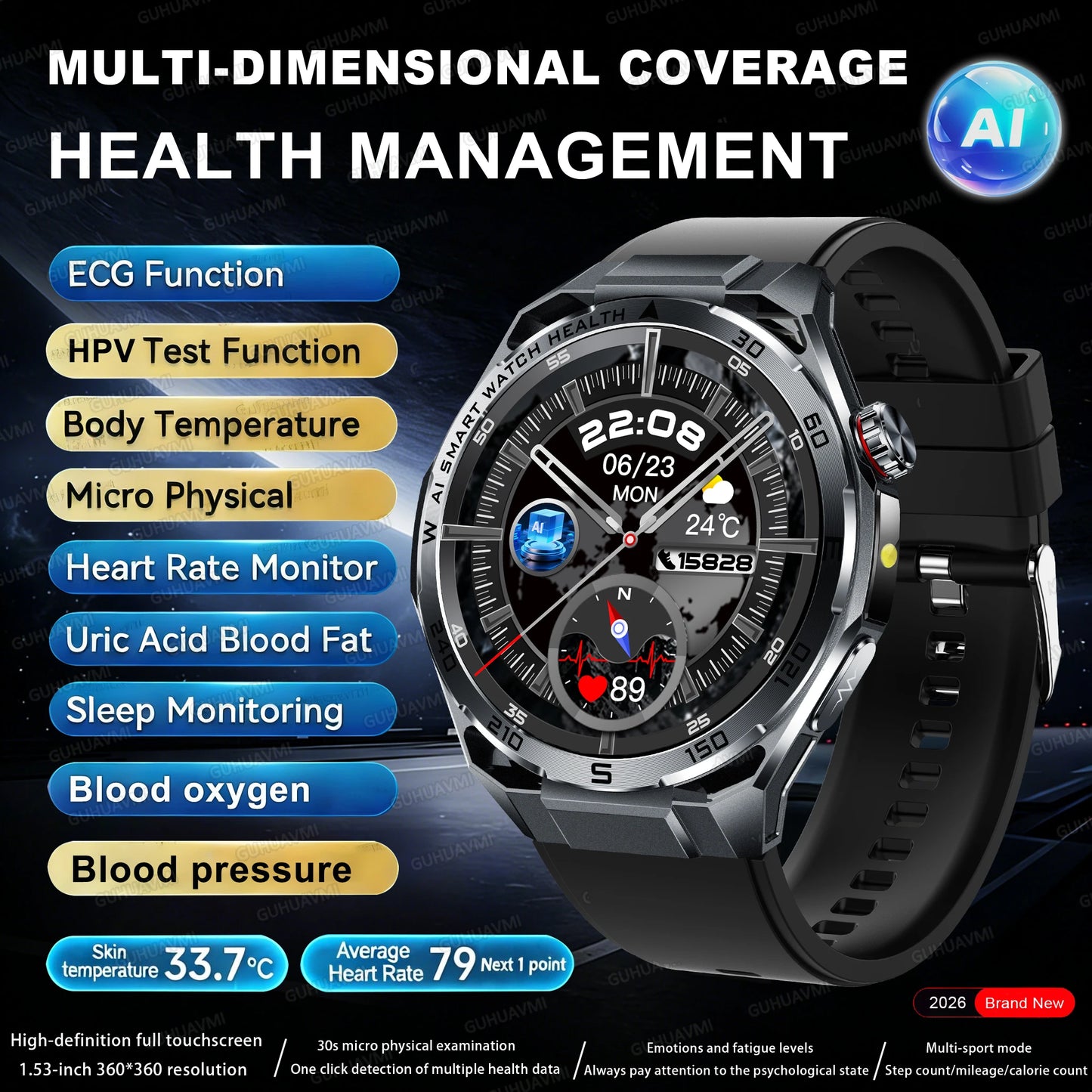 2026 New Body Fat AI Analysis Health Smart Watch ECG+PPG Uric Acid BP Blood Oxygen Call AMOLED Screen Smart Watch For Men Women