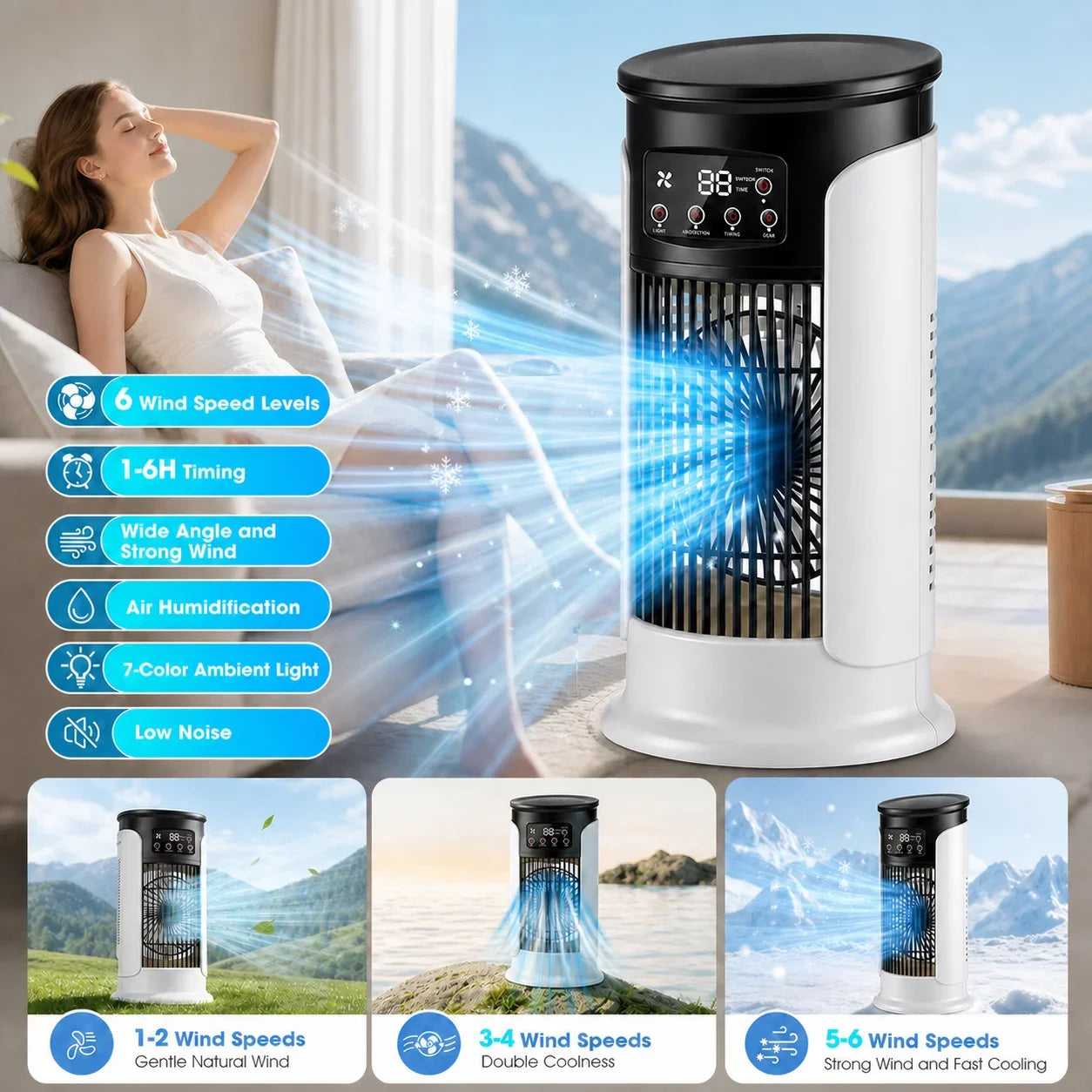 Portable Misting Air Cooler Fan – 6 Speeds, USB Desktop Cooler with LED Display & Timer