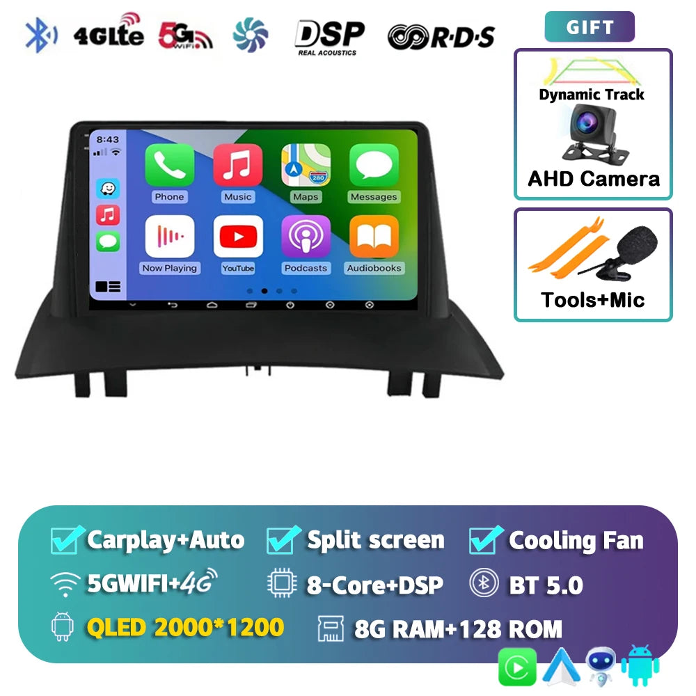 Android 16 For Renault Megane 2 2002-2009 2K QLED Android Car Radio Multimedia Video Player GPS Stereo CarPlay 4G Navigationv BT