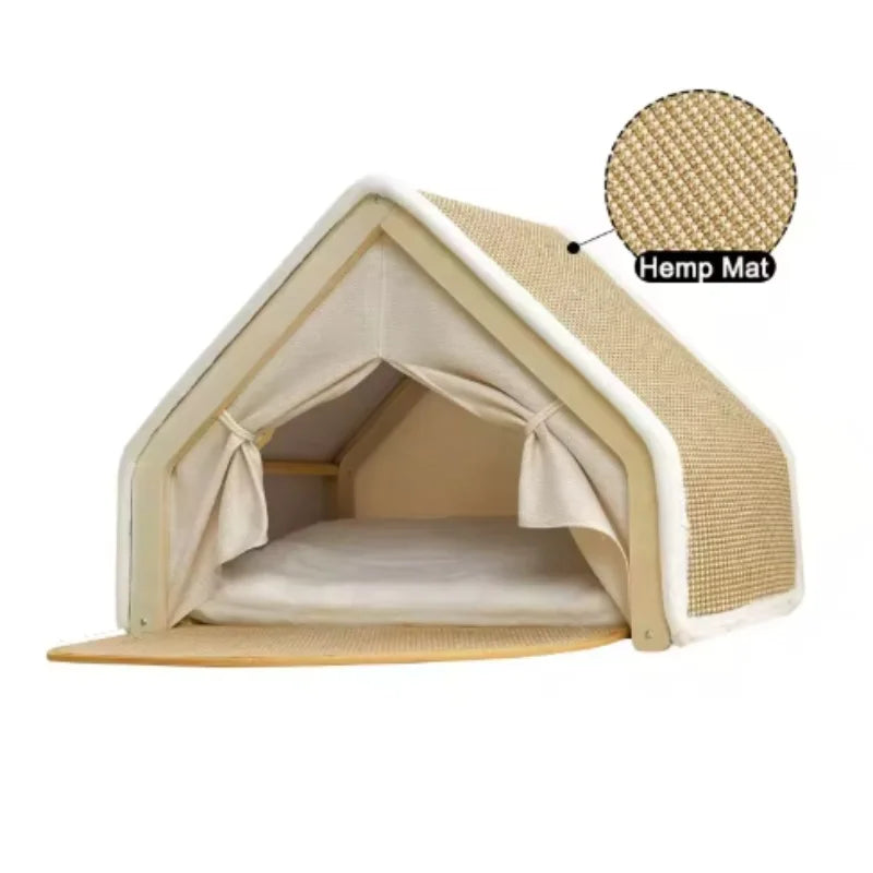 Cat Tent Villa Pet Bed Cozy Half-Enclosed Wooden Cat Bed All-Season Dual-Use Durable No Scraps Drop Cat House for Cats Kittens