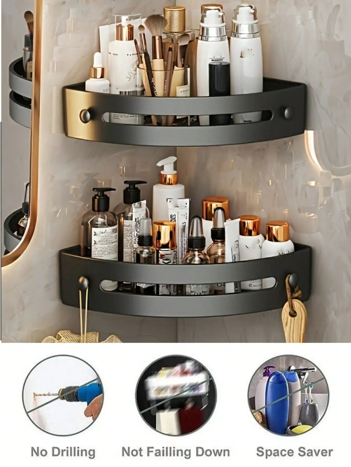 1/2Pcs Wall Mounted Corner Rack: No-Drill Black Bathroom Shampoo Towel Holder