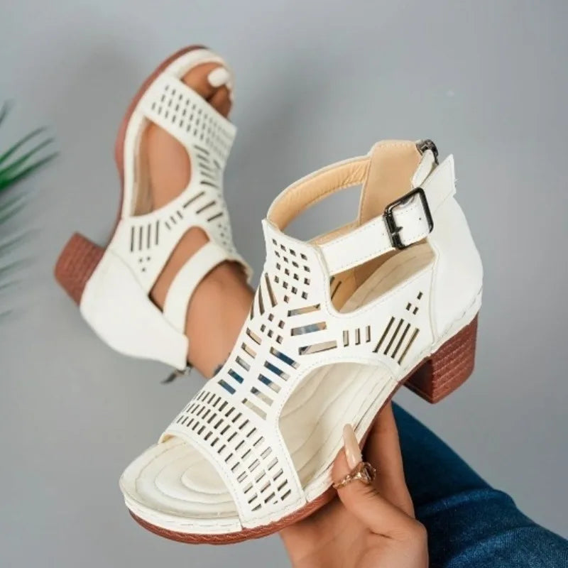 Roman Block-Heel Sandals for Women — Breathable Hollow-Out Retro Summer Heels