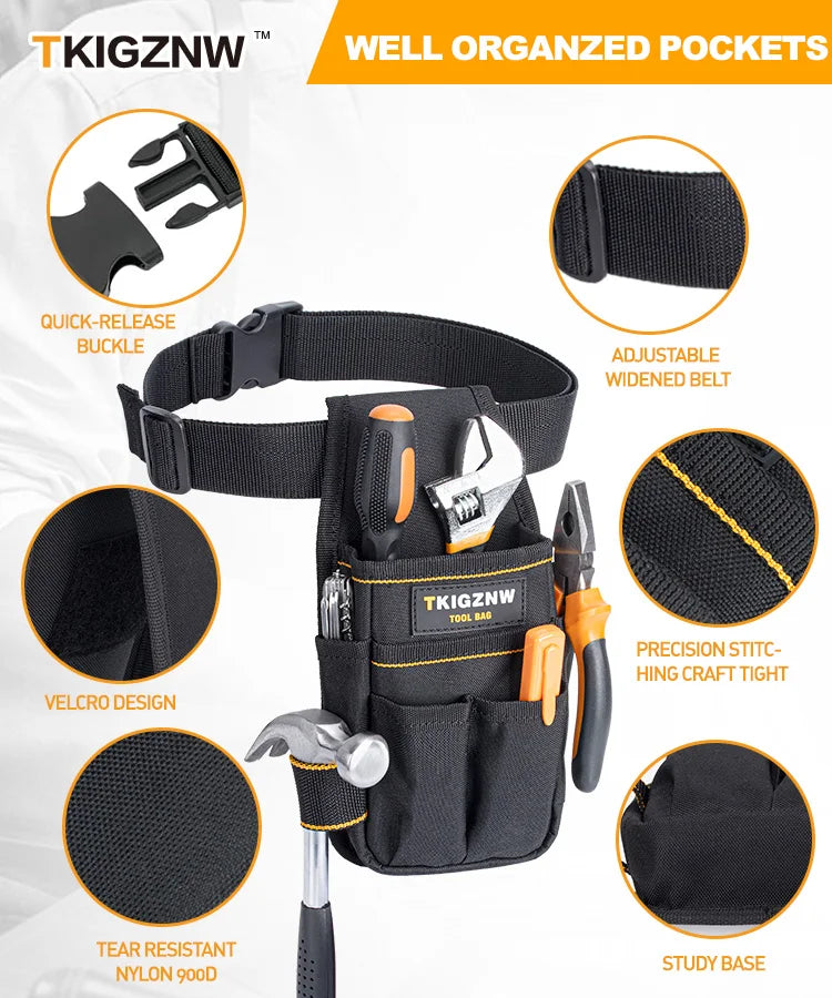 TKIGZNW Pocket Tool Pouch，6-Pouches and 9 Screwdriver Loops Construction, Heavy-Duty Tool Bag with Adjustable Belt for Electrici