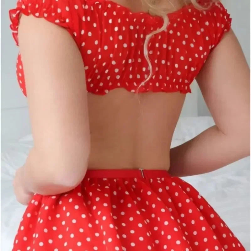 Women's Polka Dot Off-Shoulder Puffy Skirt Lingerie Set – Sexy Bra & Garter Skirt Exotic Set | S–XL (Red, Blue)