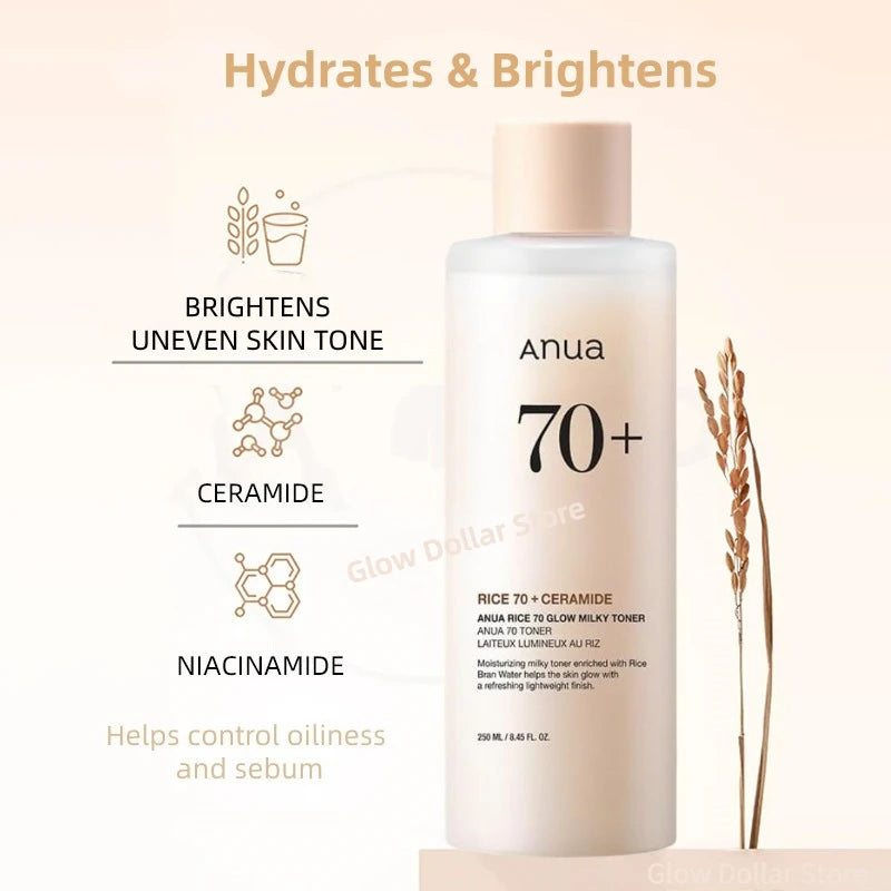 Korean Skincare Set ANUA Rice 70 Glow Milky Toner,Intensive Moisturizing Milk Lotion,Hydrating&Nourishing,Barrier Care 2pcs Sets