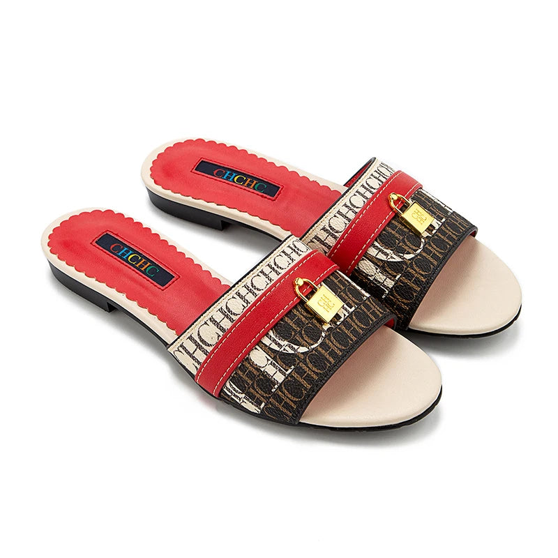 CH High Quality Metal Lock Monogram Print Women's Low Heeled Slippers Delicate and Versatile Women's Fashion Slippers
