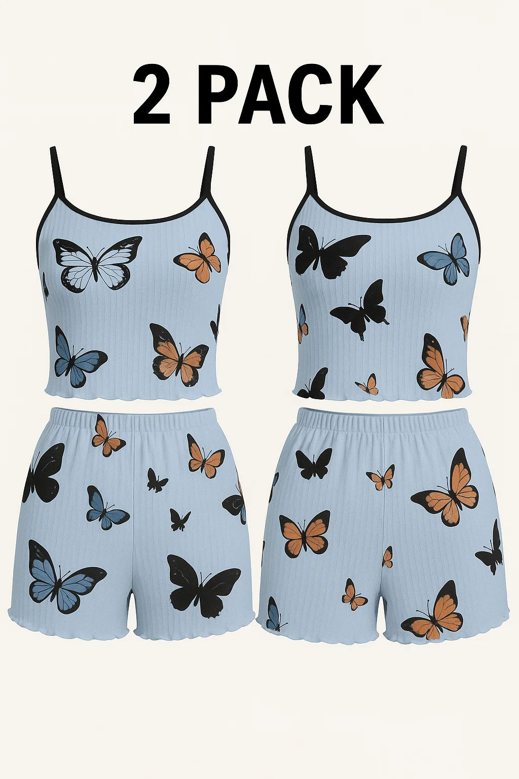 MMAlto Women's Butterfly Print Pajama Set – Lettuce Trim Cami Top & Shorts Sleepwear