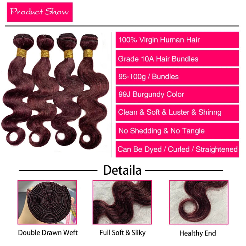 Ridisi 99j Burgundy Body Wave Human Hair Bundles Brazilian Wavy 3/4 Bundles Human Hair Colored Wind Red Hair Bundles