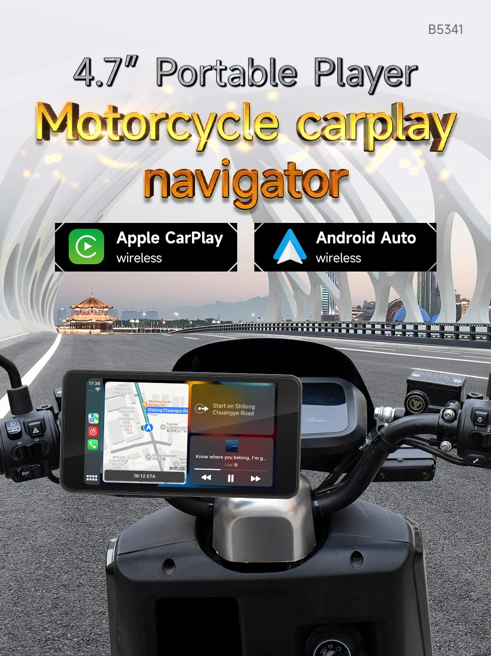 4.7" Portable Motorcycle Navigator with Wireless CarPlay & Android Auto